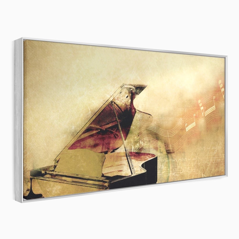 Tablou canvas cu tablou canvas cu pian vechi si note muzicale, in rama de aluminiu argintiu